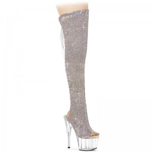 Pleaser Adore-3019C-RS AB Rhinestones Overknee Stiefel Damen Silber | DTVNNOZIV