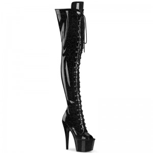 Pleaser Adore-3021GP Glitter Overknee Stiefel Damen Schwarz | VJZWOMRLZ