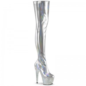 Pleaser Bejeweled-3000-7 Overknee Stiefel Damen Silber | WXOTZSJQA