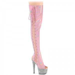 Pleaser Bejeweled-3052HG-7 Hologram Overknee Stiefel Damen Rosa Silber | RJQNQGWHZ