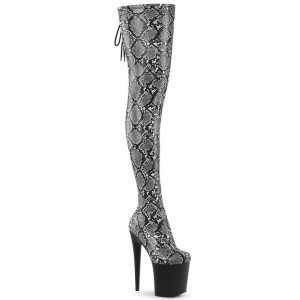 Pleaser Flamingo-3008SP-BT Snake Overknee Stiefel Damen Grau Schwarz | PHTYXDJMG