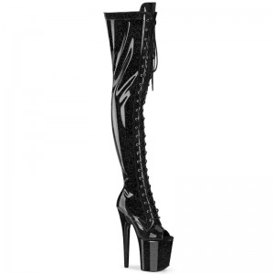 Pleaser Flamingo-3021GP Glitter Overknee Stiefel Damen Schwarz | BPRVDBPTE