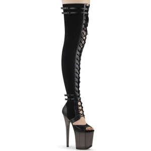 Pleaser Flamingo-3027 Suede Overknee Stiefel Damen Schwarz | YPXFIGQNR