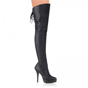 Pleaser Indulge-3011 Leather Overknee Stiefel Damen Schwarz | VYFQLCGHB