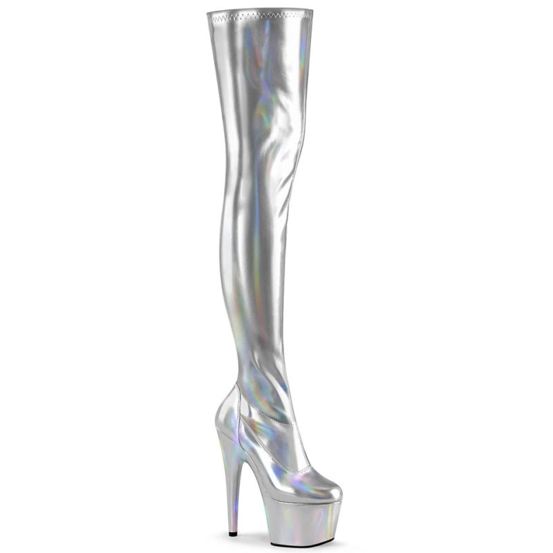 Pleaser Adore-3000HWR Hologram Overknee Stiefel Damen Silber | RPZOULOHP