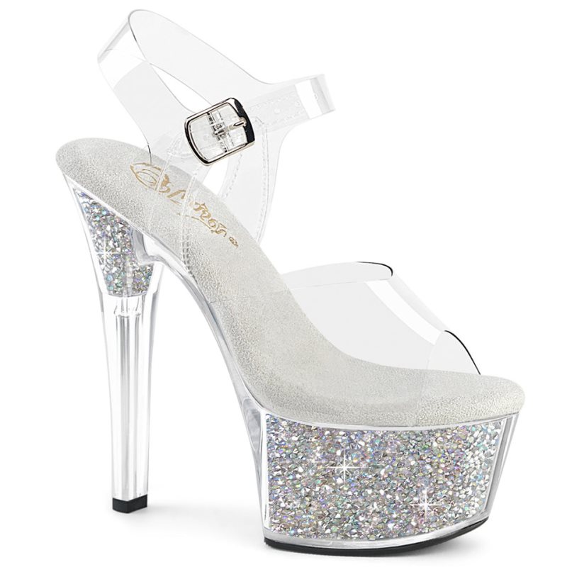 Pleaser Aspire-608RSI Rhinestones Plateau High Heels Damen Silber | RKVDDERUP