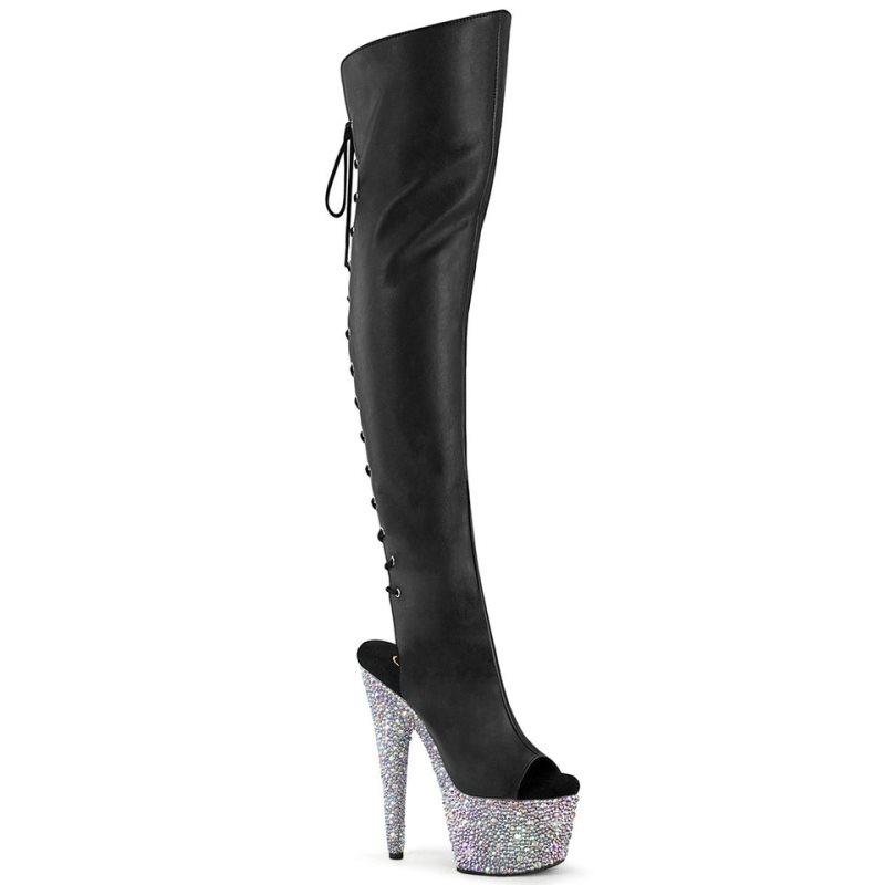 Pleaser Bejeweled-3019MS-7 Faux Leather Overknee Stiefel Damen Schwarz Silber | ZOEPKZRLA