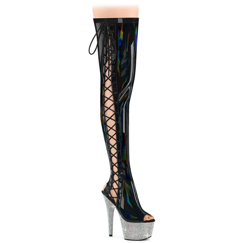 Pleaser Bejeweled-3052HG-7 Hologram Overknee Stiefel Damen Schwarz | PVDUFIWRL