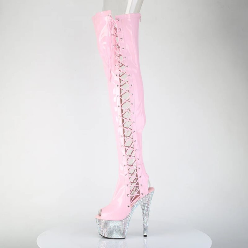 Pleaser Bejeweled-3052HG-7 Hologram Overknee Stiefel Damen Rosa Silber | RJQNQGWHZ