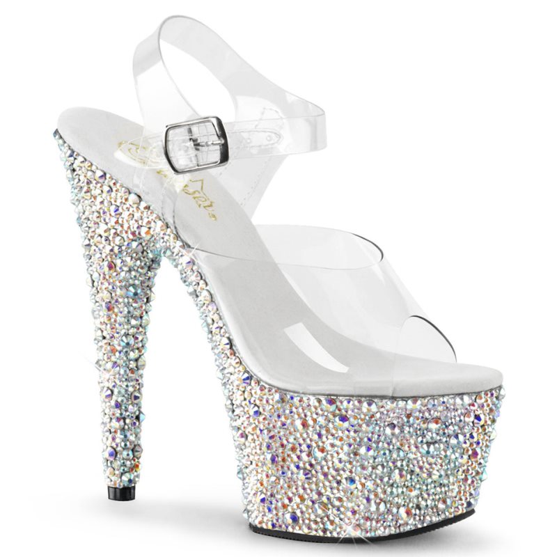 Pleaser Bejeweled-708MS Plateau High Heels Damen Silber | ECJTVRUNF