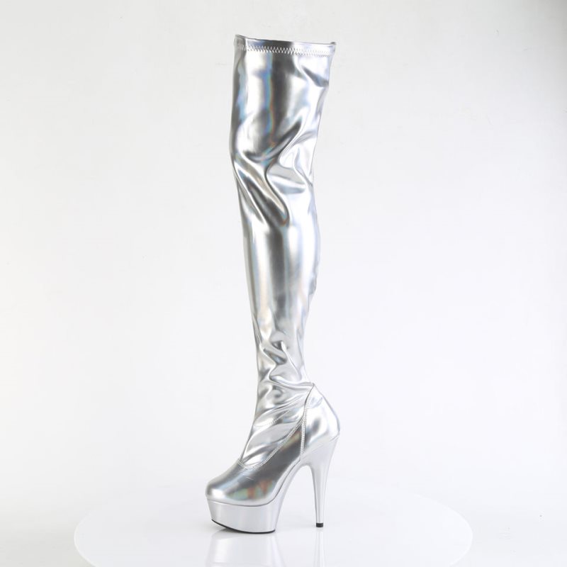 Pleaser Delight-3000HWR Overknee Stiefel Damen Silber | IKTHWXBLG