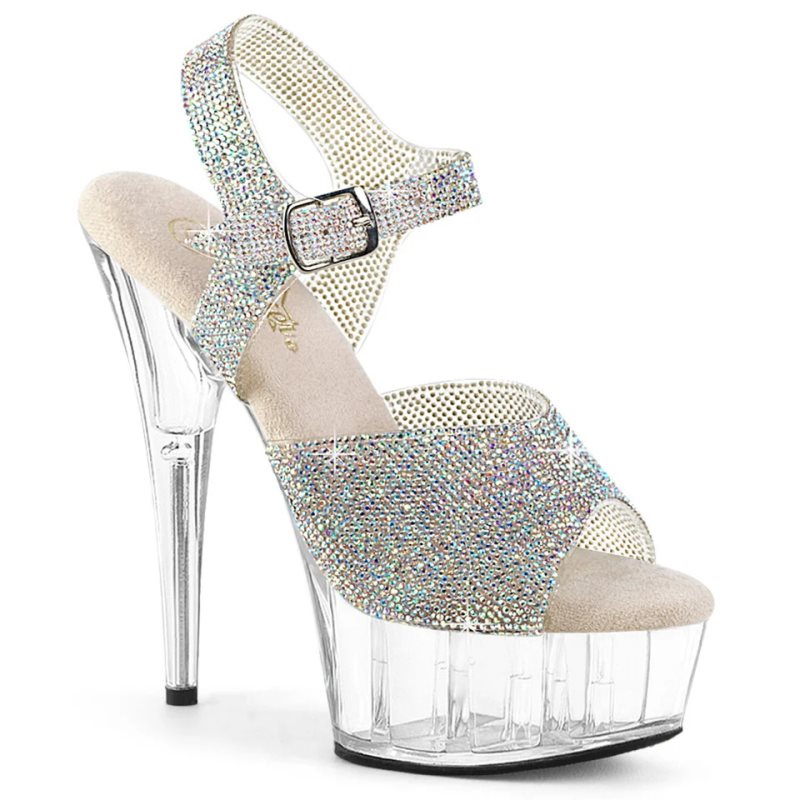 Pleaser Delight-608N-RS Rhinestones Plateau High Heels Damen Silber | TMWAOUSYM