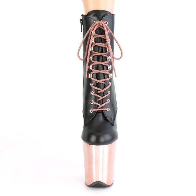 Pleaser Flamingo-1020 Vegan Leather Stiefel Damen Schwarz Rosa Gold | SZHPSRNCH