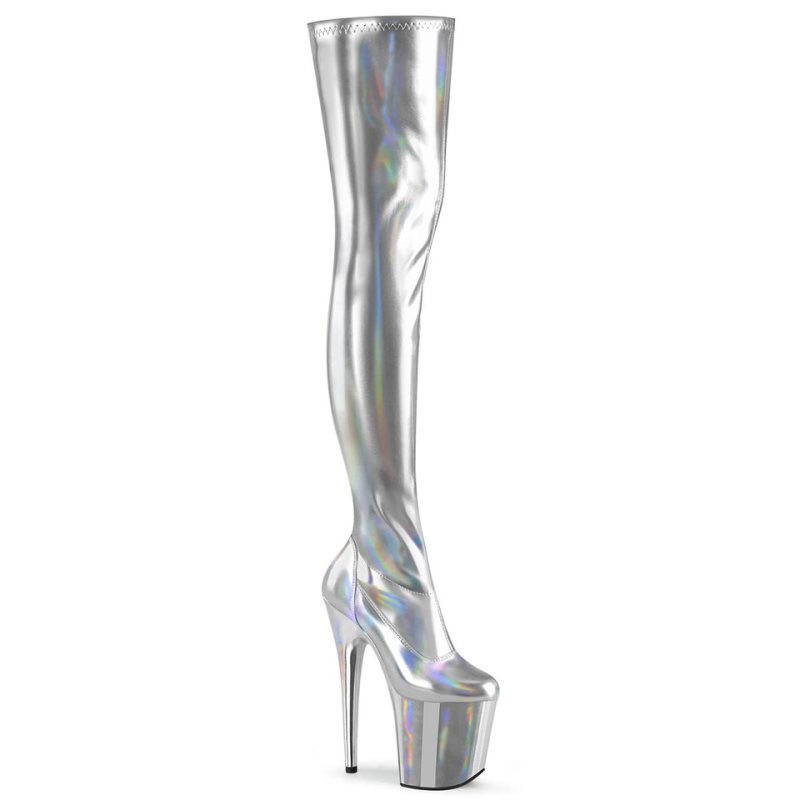 Pleaser Flamingo-3000HWR Overknee Stiefel Damen Silber | GHKCTHZOP