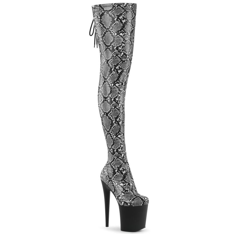 Pleaser Flamingo-3008SP-BT Snake Overknee Stiefel Damen Grau Schwarz | PHTYXDJMG