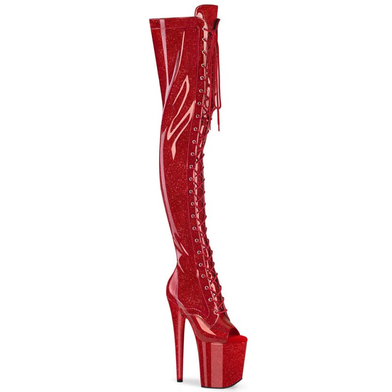 Pleaser Flamingo-3021GP Glitter Overknee Stiefel Damen Rot | SXIQALFDP