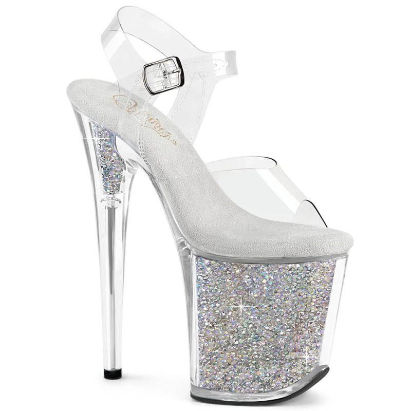 Pleaser Flamingo-808RSI Rhinestones Plateau High Heels Damen Silber | SRUHXTKMA