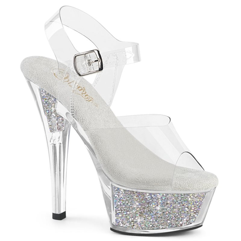 Pleaser Kiss-208RSI Rhinestones Plateau High Heels Damen Silber | PHXEVFJXP