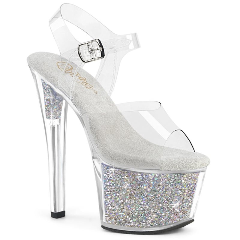 Pleaser Sky-308RSI Rhinestones Plateau High Heels Damen Silber | AYNEFGLIO