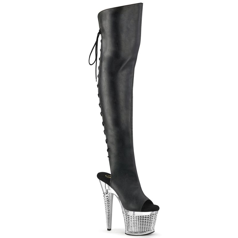 Pleaser Spectator-3019 Faxur Leather Overknee Stiefel Damen Schwarz | AKSOOUHJA